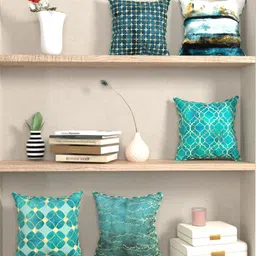 BIANCA Teal & Gold-Toned Set of 5 16" X 16" Geometric Square Cushion Covers image 1