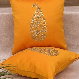 RoyalDeco Yellow & Gold Toned 2 Pieces Ethnic Motifs Silk Cushion Covers-image-93