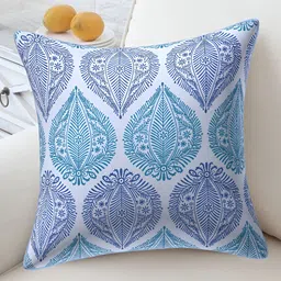 Texstylers White & Blue Ethnic Motif Cotton Square Reversible Cushion Cover-image-18