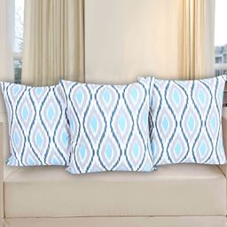 Texstylers White & Blue 3 Pieces Cotton Geometric Square Reversible Cushion Covers-image-34