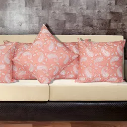 Texstylers Pink & White 5 Pieces Floral Printed Cotton Square Reversible Cushion Covers-18