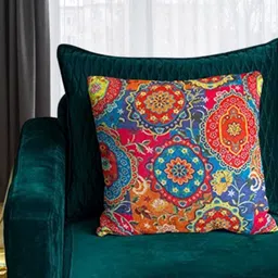 Tasseled Home Rust & Blue Ethnic Motifs Velvet Square Cushion Cover-image-72