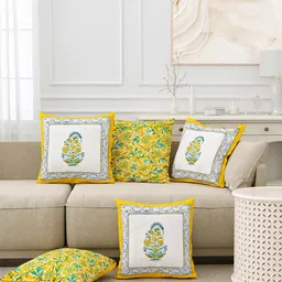 BLOCKS OF INDIA Yellow & White 5 Pcs Ethnic Block Printed Cotton Reversible Cushion Cover-12