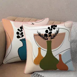 STITCHNEST White & Olive Green Set of 2 Printed Velvet Square Cushion Covers-20