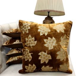 Good Vibes Brown & Beige 5 Pieces Floral Textured Velvet Square Cushion Covers-14