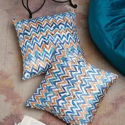 SOKNACK White & Blue Set of 2 Geometric Velvet Square Cushion Covers-36