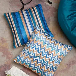 SOKNACK Blue & White Set of 2 Geometric Velvet Square Cushion Covers-43