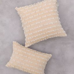ALTROVE Yellow Striped Embellished Square Cotton Cushion Cover-10