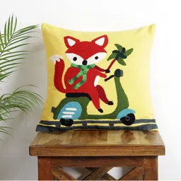 HANDICRAFT PALACE Yellow & Brown Riding Fox Suzani Embroidered Cotton Square Cushion Cover-image-94