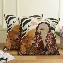 eyda Off White & Brown 2 Pcs Digital Print Cotton Square Cushion Covers-9