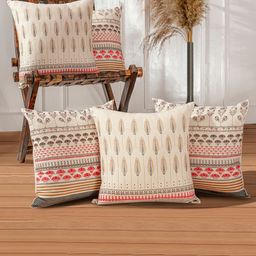 ANWYN Beige & Red 5 Pieces Printed Cotton Square Cushion Covers-36