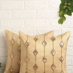 Alina decor Beige & Gold-Toned Set of 2 Embellished Square Cushion Covers-23