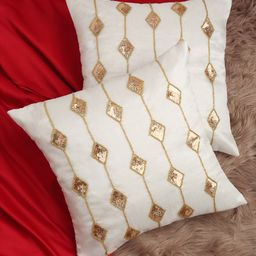 Alina decor White & Gold-Toned Set of 2 Embellished Square Cushion Covers-32