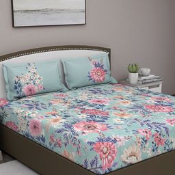 GM Blue Floral 180 TC Cotton 1 Super Queen Bedsheet with 2 Pillow Covers-image-14