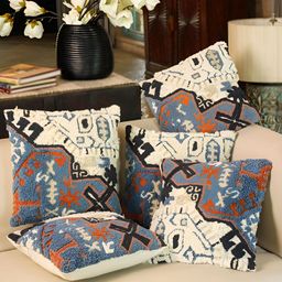 SANSKRUTIHOMES Blue & Beige 5 Pieces Geometric Textured Cotton Square Cushion Covers-18