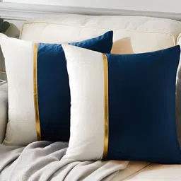 AEROHAVEN Blue & White 2 Pcs Colourblocked Velvet Square Cushion Covers-image-18