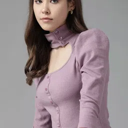 Roadster Lavender Ribbed Top with Puff Sleeves-image-96