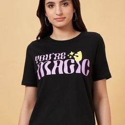 People Women Typography Printed High Neck Drop-Shoulder Sleeves Applique Boxy T-shirt-picture-49