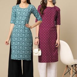 KALINI Women Pack of 2 Maroon & Green Ethnic Motifs Printed Crepe Kurta-image-93