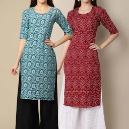 KALINI Women Pack of 2 Blue & Maroon Floral Printed Block Print Crepe Kurta-image-51