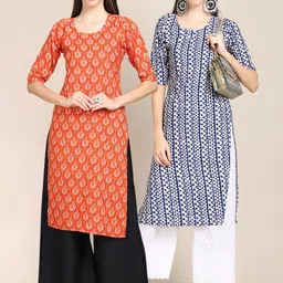 KALINI Women Set of 2 Printed Handloom Straight Crepe Kurta-image-104