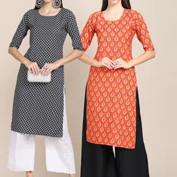 KALINI Women Pack Of 2 Black & Orange Ethnic Motifs Printed Crepe Kurta-image-66