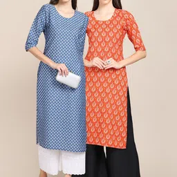 KALINI Women Pack of 2 Blue & Orange Ethnic Motifs Printed Crepe Kurta-image-72