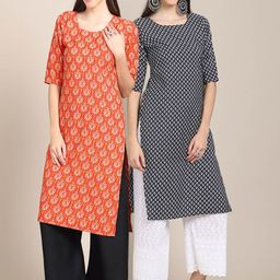 7Threads Women Pack of 2 Orange & Black Ethnic Motifs Crepe Kurta-image-87