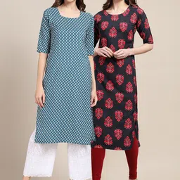 KALINI Women's Crepe Teal & Black Color Ethnic Motif Printed Straight Kurta PACK OF 2-picture-15