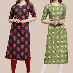 KALINI Women's Crepe Black & Green Color Ethnic Motifs Printed Straight Kurta (PACK OF 2)-picture-13