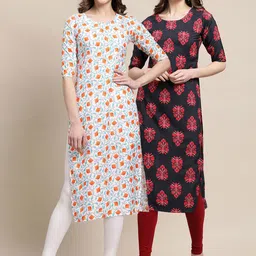 KALINI Women Off White & Grey Set Of 2 Ethnic Motifs Printed Thread Work Crepe Kurta-6