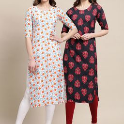 7Threads Women Pack Of 2 Black & White Printed Crepe Straight Kurta-image-1