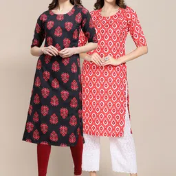 KALINI Women's Crepe Black & Red Color Ethnic Motifs Printed Straight Kurta (PACK OF 2)-19
