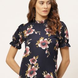 One Femme Navy Blue & Pink Floral Printed Puff Sleeves Crepe Regular Top-image-69