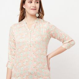 Crimsoune Club Pink & Green Floral Printed Shirt Style Top-image-86