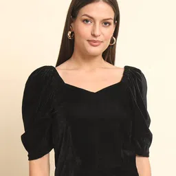 Trend Arrest Sweetheart Neck Puff Sleeves Velvet Regular Top-image-32
