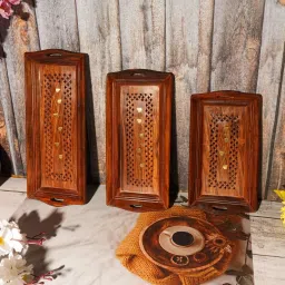 majestic mart Wooden Serving Tray Set of 3 (Large, Medium And Small) Brass Work, Serving Tray image 3
