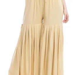 Women Flared Gold Cotton Blend Trousers-image-21