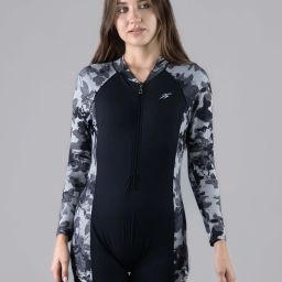 colorblocked full sleeves roundneck boy leg length leg suit with front zipper Printed Women Swim-dress Black Swimsuit-image-17