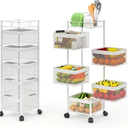 Pack of 2 Revolving 5-Tier Multipurpose Storage Rack with Wheels | White Iron Kitchen Trolley-image-39