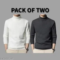 Men Solid Turtle Neck White, Black Sweater-image-14