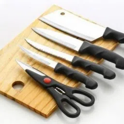 Wooden Chopping Board with Knife Set & Scissor, 6 Piece Kitchen Knife Set Wooden, Stainless Steel Cutting Board-image-85