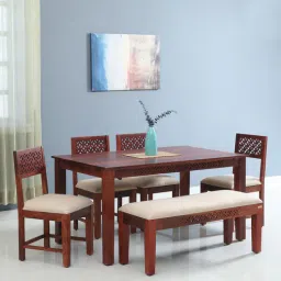 mudramark from pepperfry Parnika Sheesham Wood 6 Seater Dining Set in Scratch Resistant Honey Oak Finish With Bench-picture-44