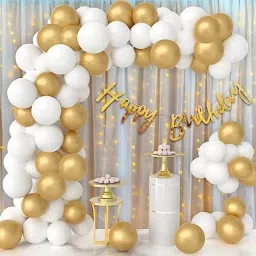 Solid White and Golden Balloon Decoration for Birthday|with Led Light an Curtain Balloon-1