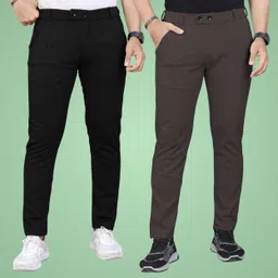 gibbonte Pack of 2 Men Regular Fit Black, Brown Cotton Blend Trousers-picture-12