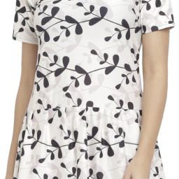 Women's Polyester Spandex Leaf Printed Knee Length Padded One Piece Swimsuits_BlackOffWhite Printed Women Swim-dress White, Black Swimsuit-image-10