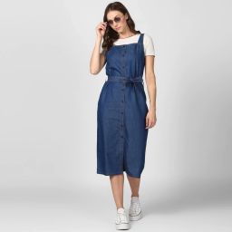 Women Pinafore Blue Midi/Calf Length Dress-image-5