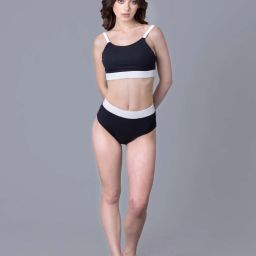 Women's Black Ribbed Contrast Border 2 Piece Bikini Set Solid Women Swim-dress Black Swimsuit-picture-4