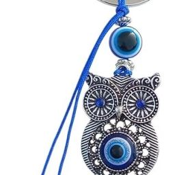 Evil Eye Owl Keychain, Blue Glass Beads, Antique Silver Finish Key Chain-image-4