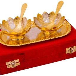 German Silver Floral Bowls and Spoon with Tray Set - 150 ml, 1 Tray, 2 Bowls, 2 Spoons, Silver Bowl, Spoon, Tray Serving Set-33